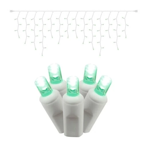 9 Foot Wide Angle White Icicle LED Strand: Green Lights
